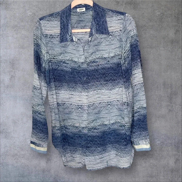 L’AGENCE Silk Print Snap Front Long Sleeve Blouse Size 4 Blue Print Classic - Picture 1 of 11